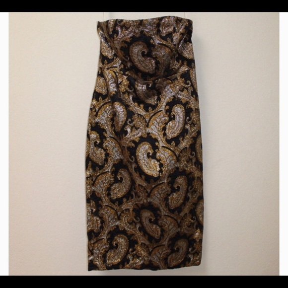 Tracy Reese Gold Jacquard strapless dress … - Picture 3 of 6